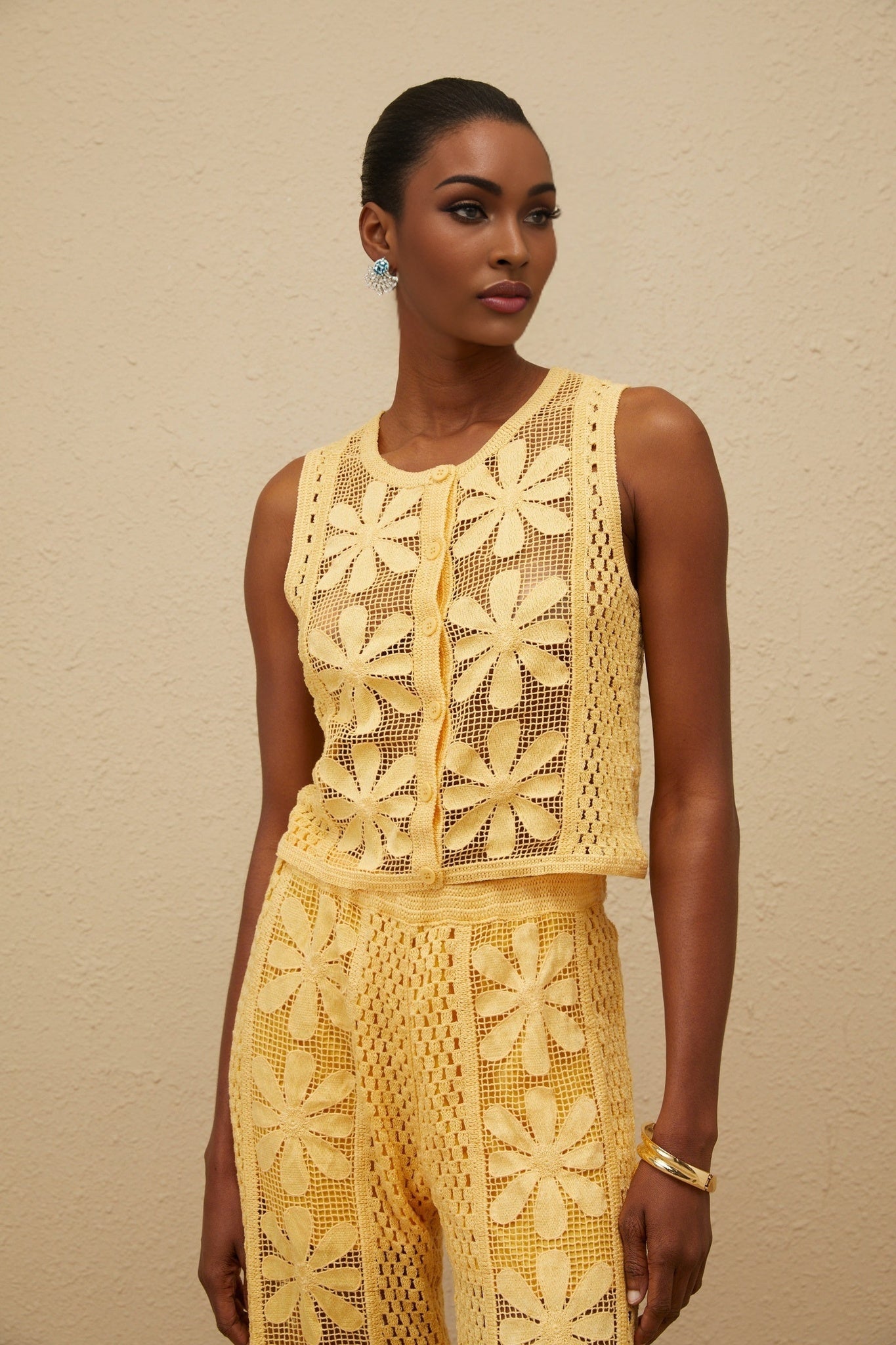 Yellow Crochet Knit Floral Jacquard Sleeveless Top and Wide Leg Trousers Set