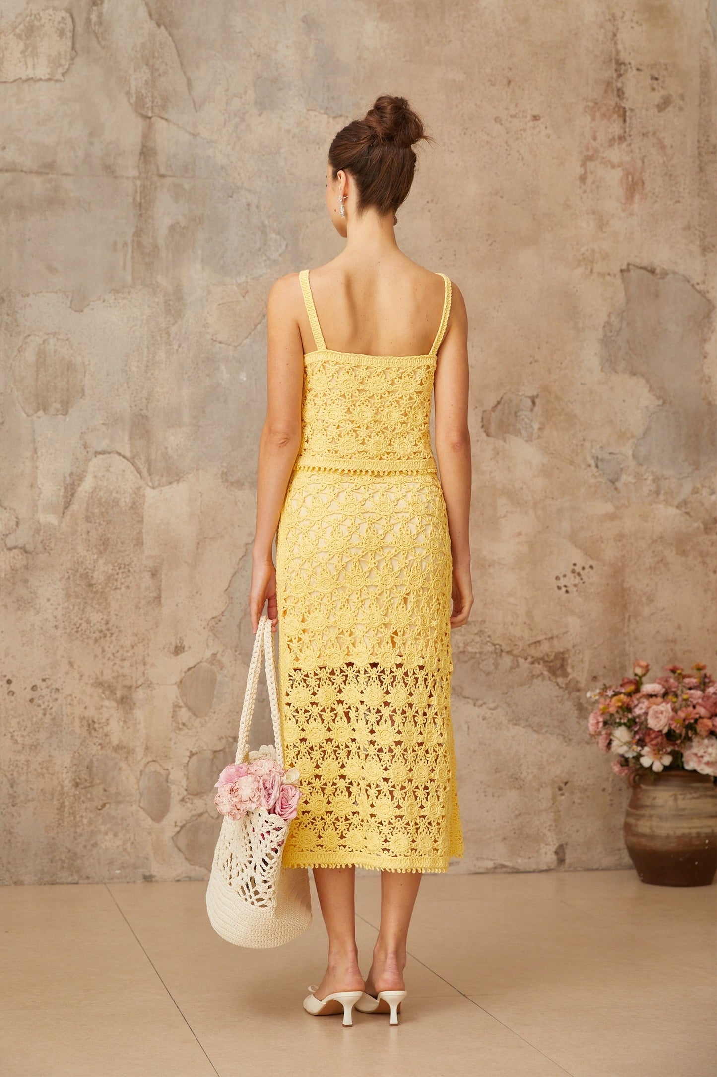Yellow crochet knit top and skirt set matching outfit in Isoline style