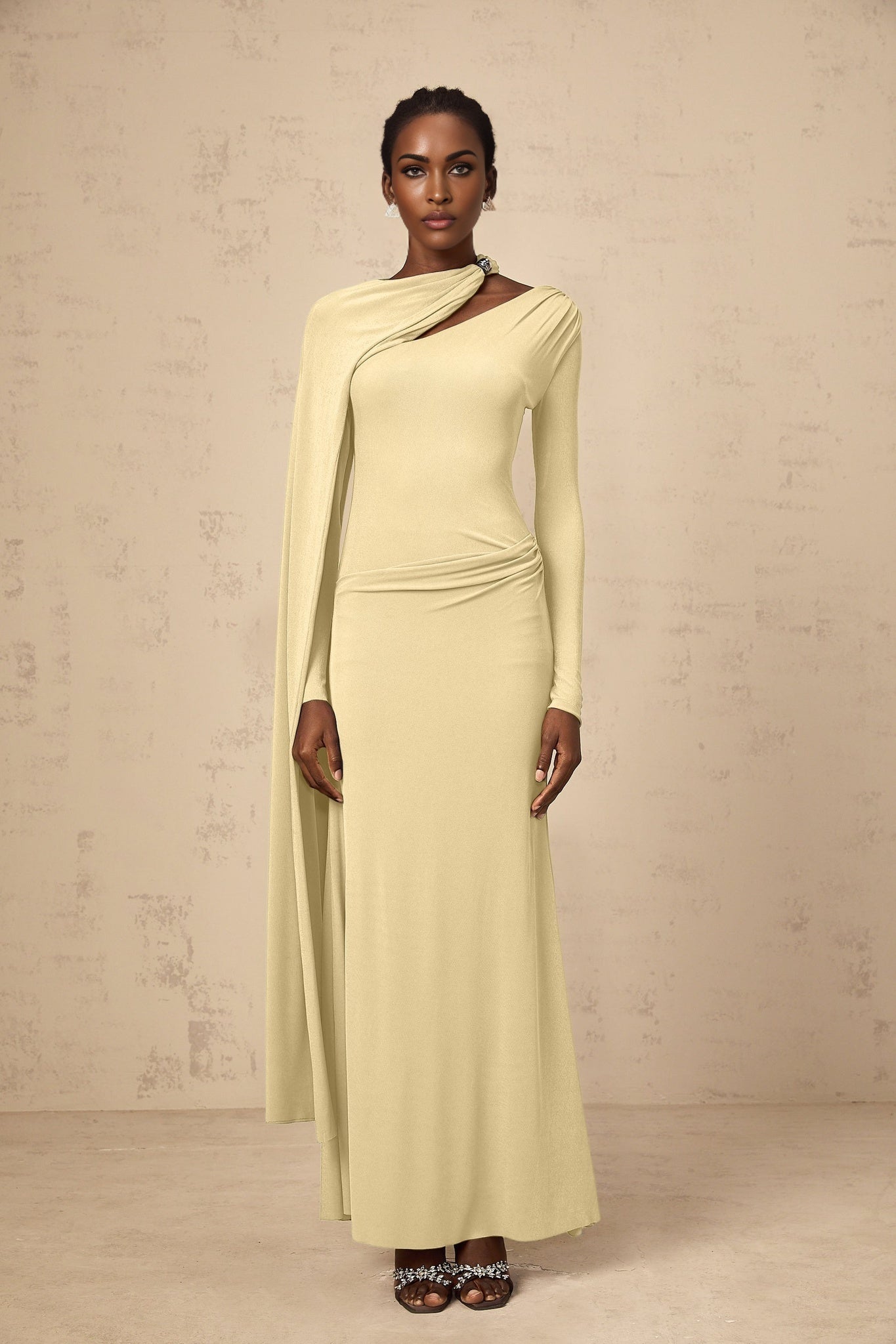 Yellow diagonal shawl long sleeve maxi dress with draped and ruched detailing