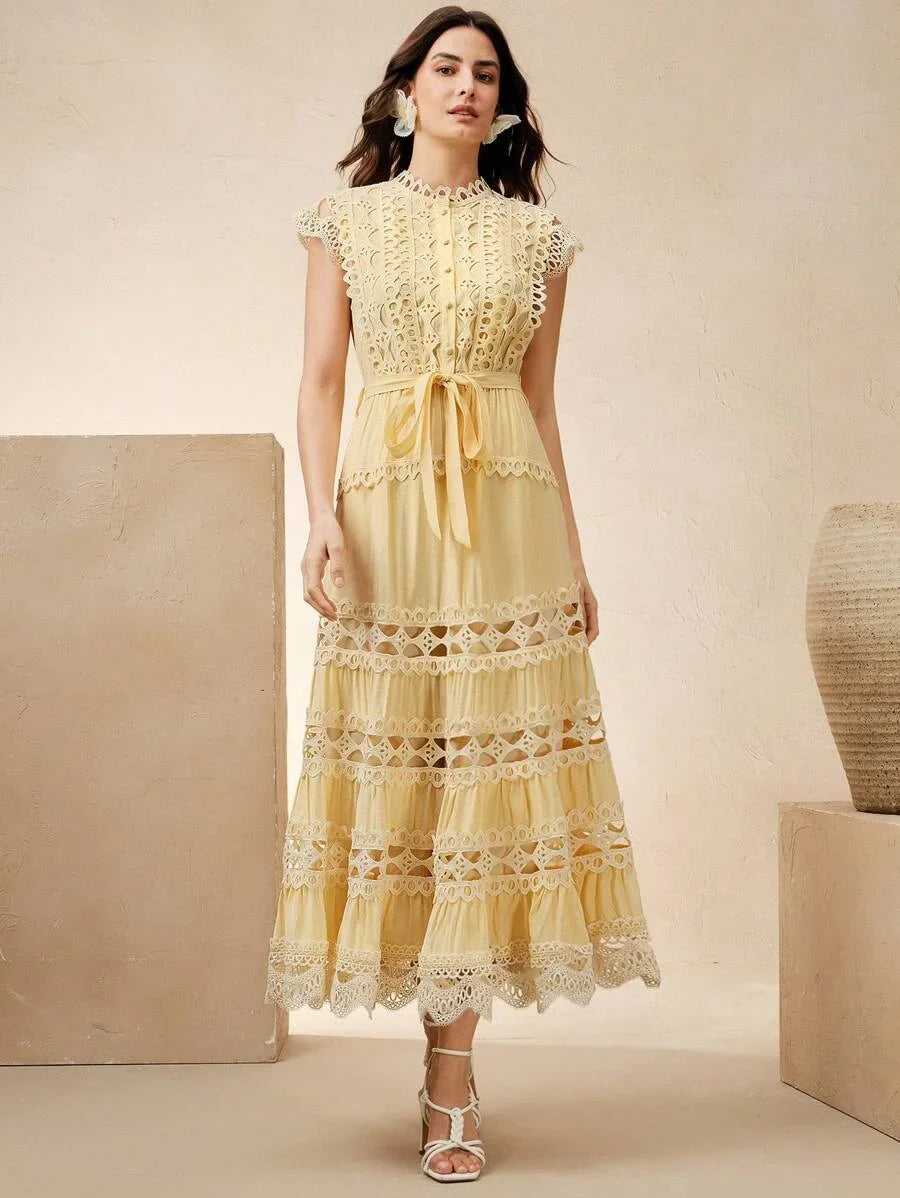 Yellow Elegant Waist Ruffle Splice Cap Sleeve Dress For Women Casual For Summer Beach Holiday