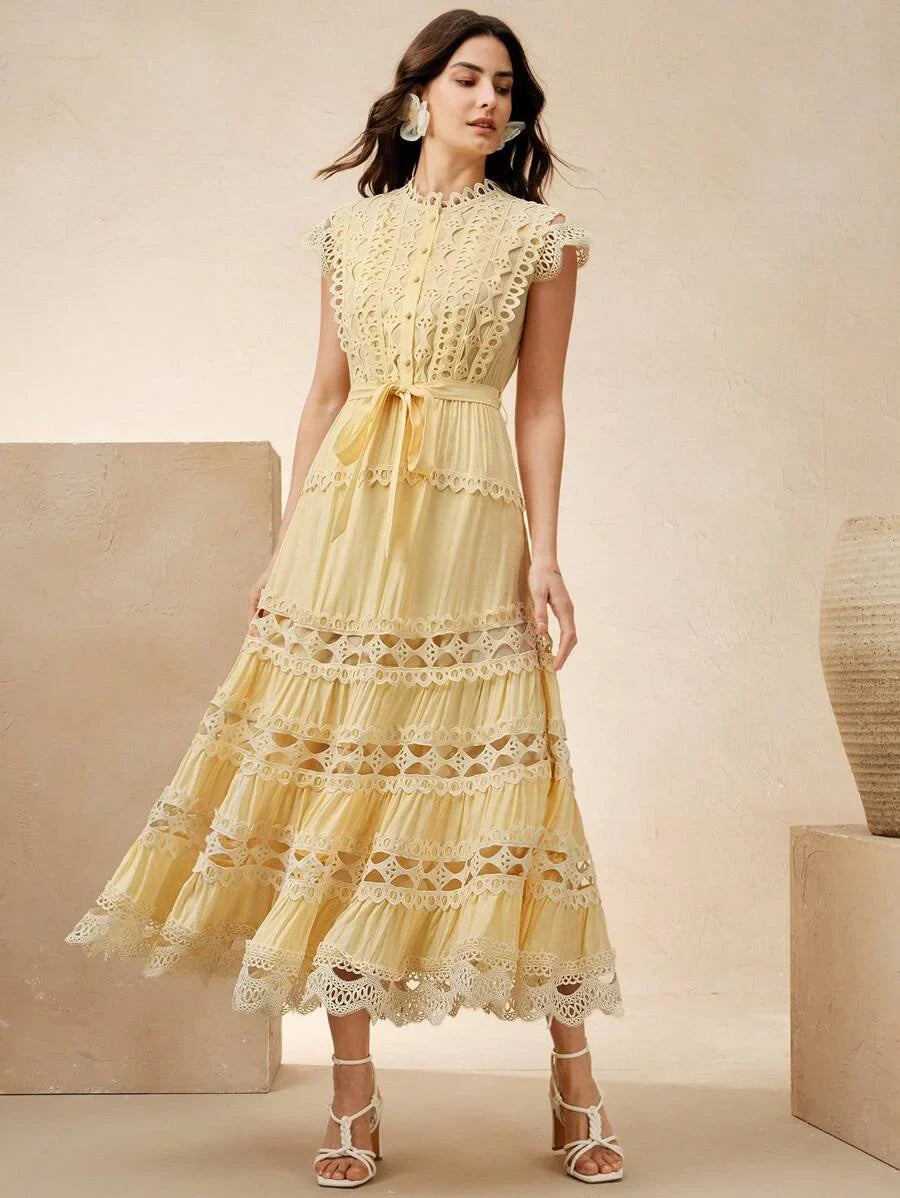 Yellow Elegant Waist Ruffle Splice Cap Sleeve Dress For Women Casual For Summer Beach Holiday