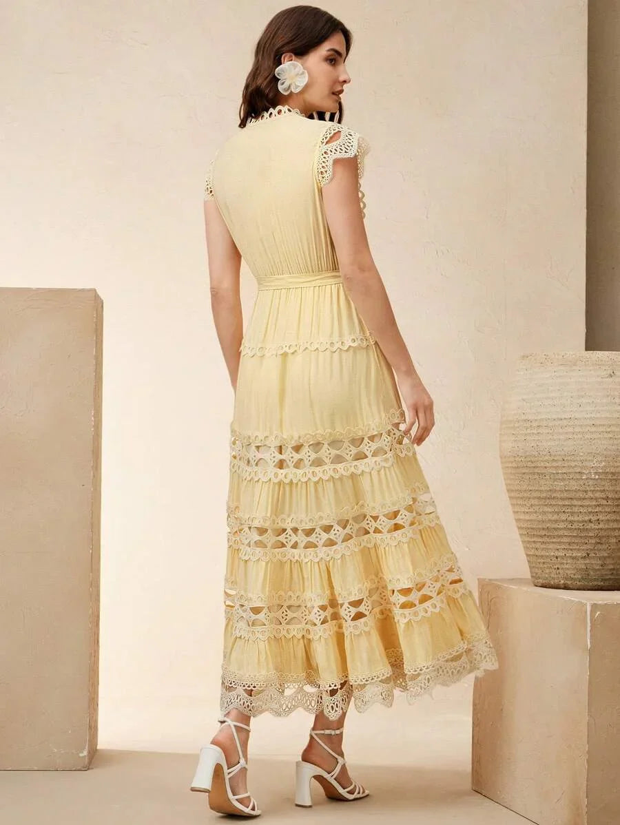 Yellow Elegant Waist Ruffle Splice Cap Sleeve Dress For Women Casual For Summer Beach Holiday