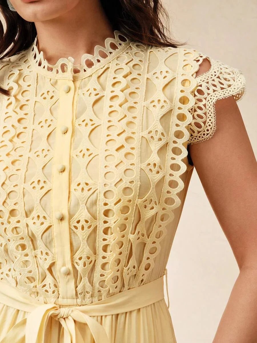 Yellow Elegant Waist Ruffle Splice Cap Sleeve Dress For Women Casual For Summer Beach Holiday