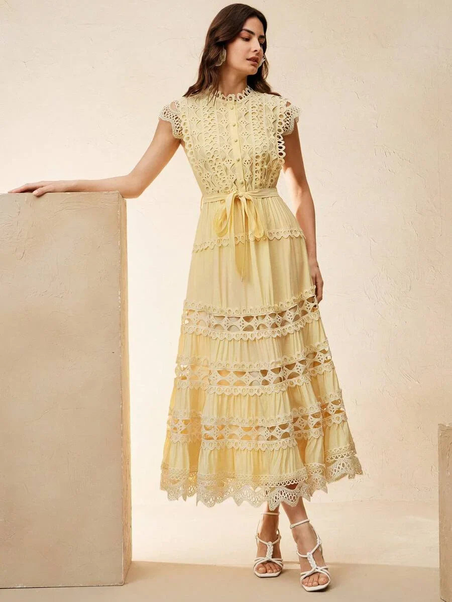 Yellow Elegant Waist Ruffle Splice Cap Sleeve Dress For Women Casual For Summer Beach Holiday