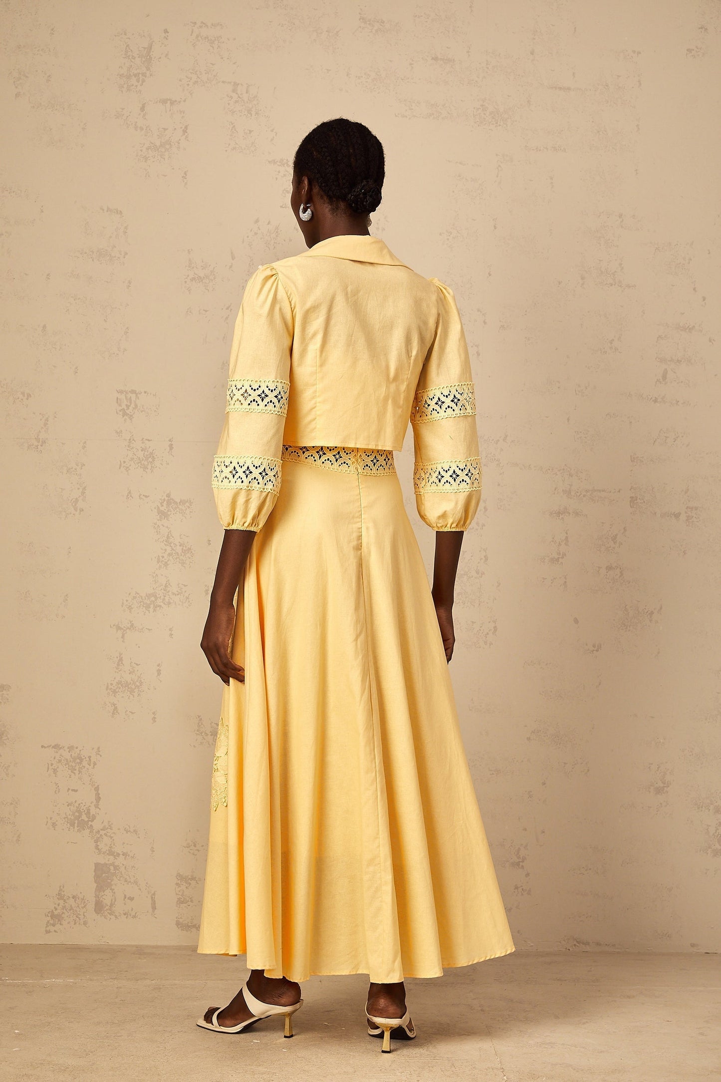 Yellow floral embroidered blouse and dress set featuring Romy design with delicate floral patterns