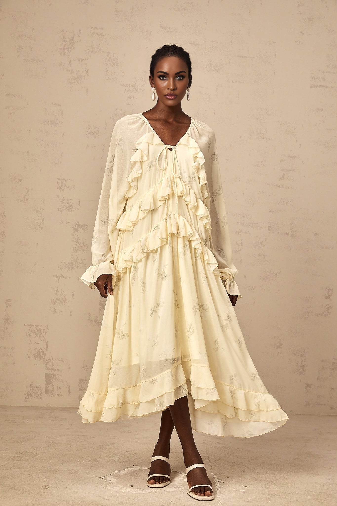 Yellow floral print midi dress with ruffles and chiffon fabric Oriane style