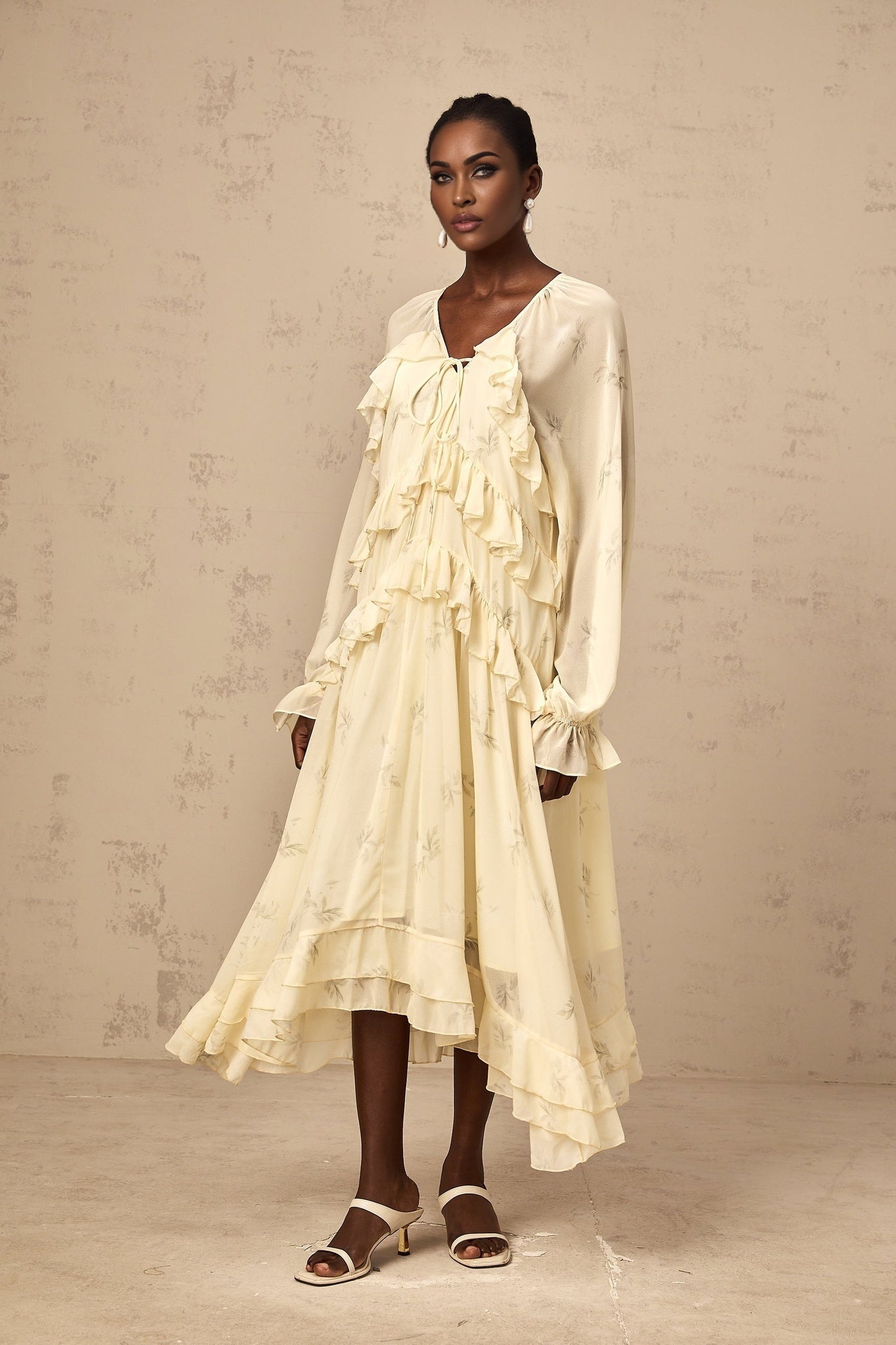 Yellow floral print midi dress with ruffles and chiffon fabric