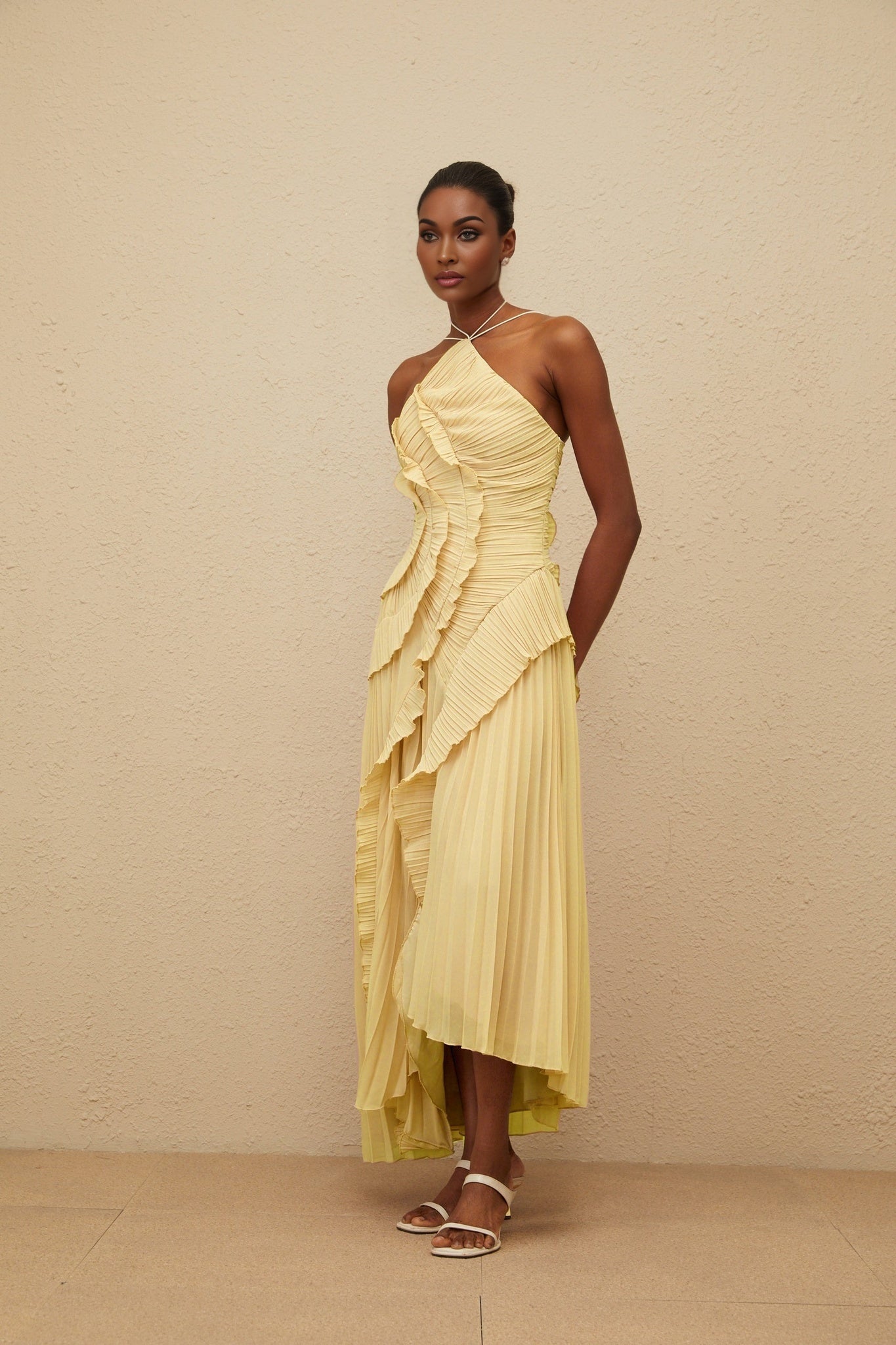 Yellow Halterneck Sleeveless Midi Dress with Ruffled Trim and Front Slit