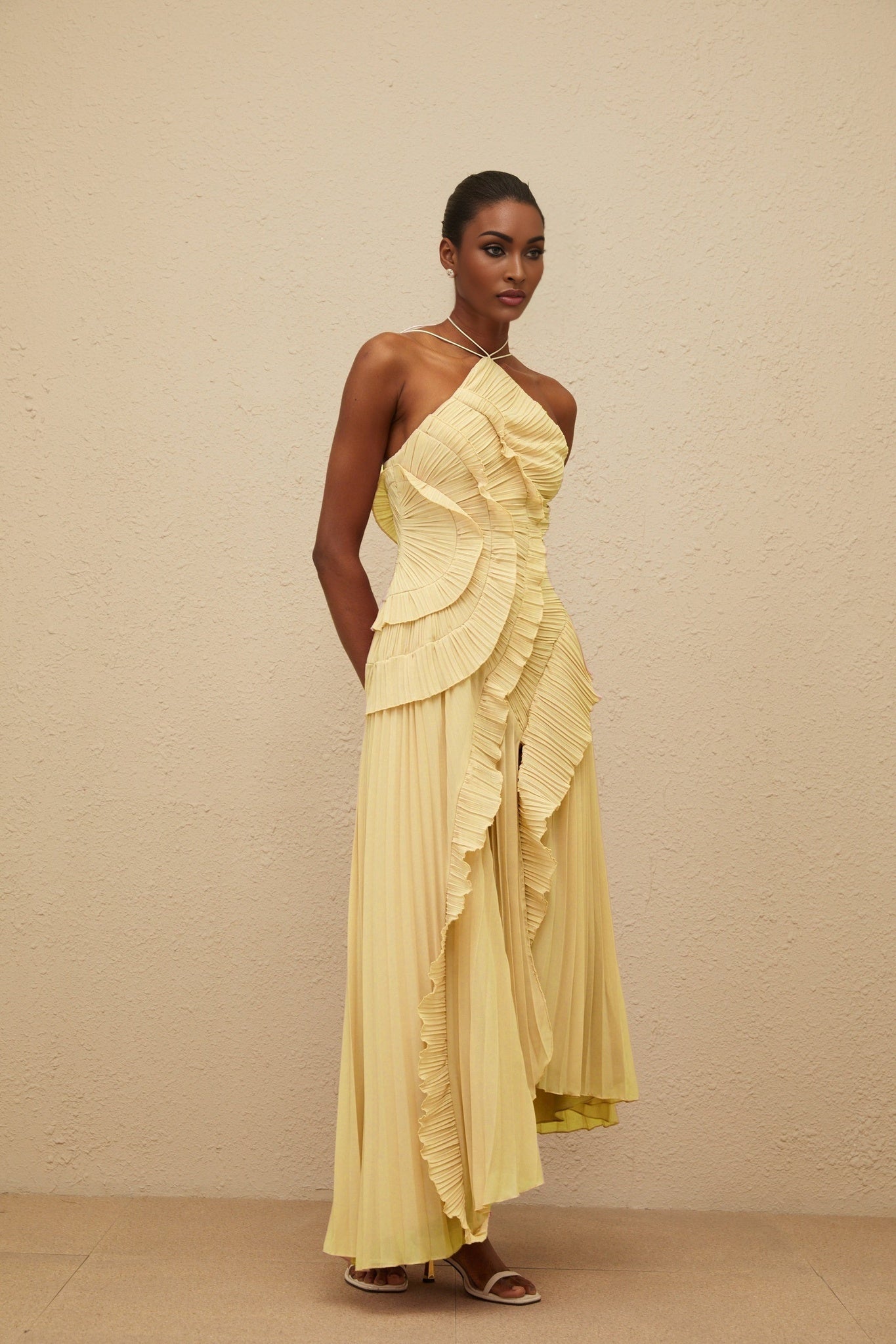 Yellow Halterneck Sleeveless Midi Dress with Ruffled Trim and Front Slit