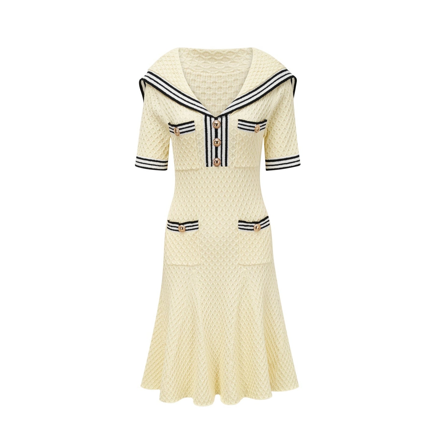 Yellow knitted dress with sailor collar in Madeleine style