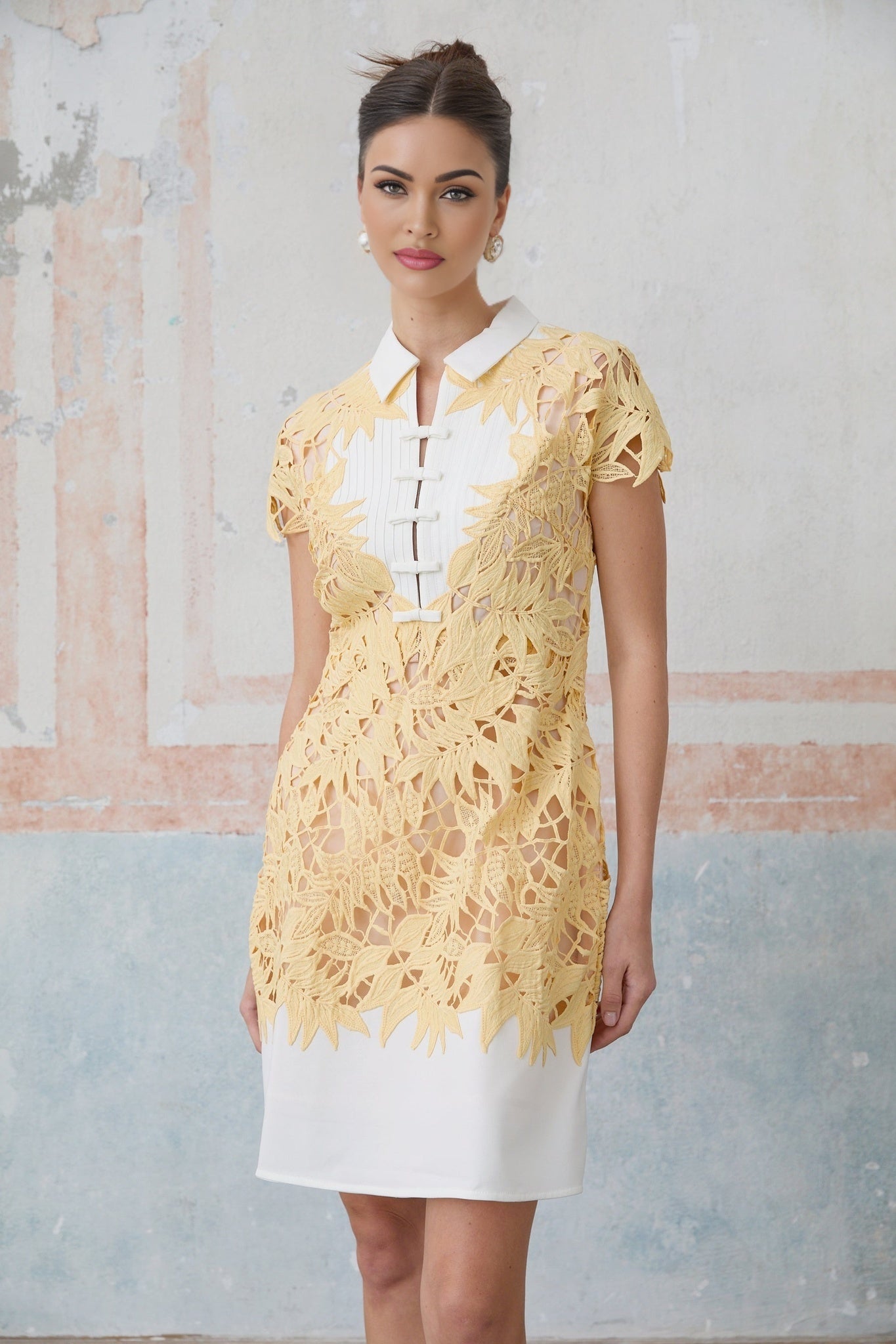 Yellow mini dress with appliqué leaf design named Camille