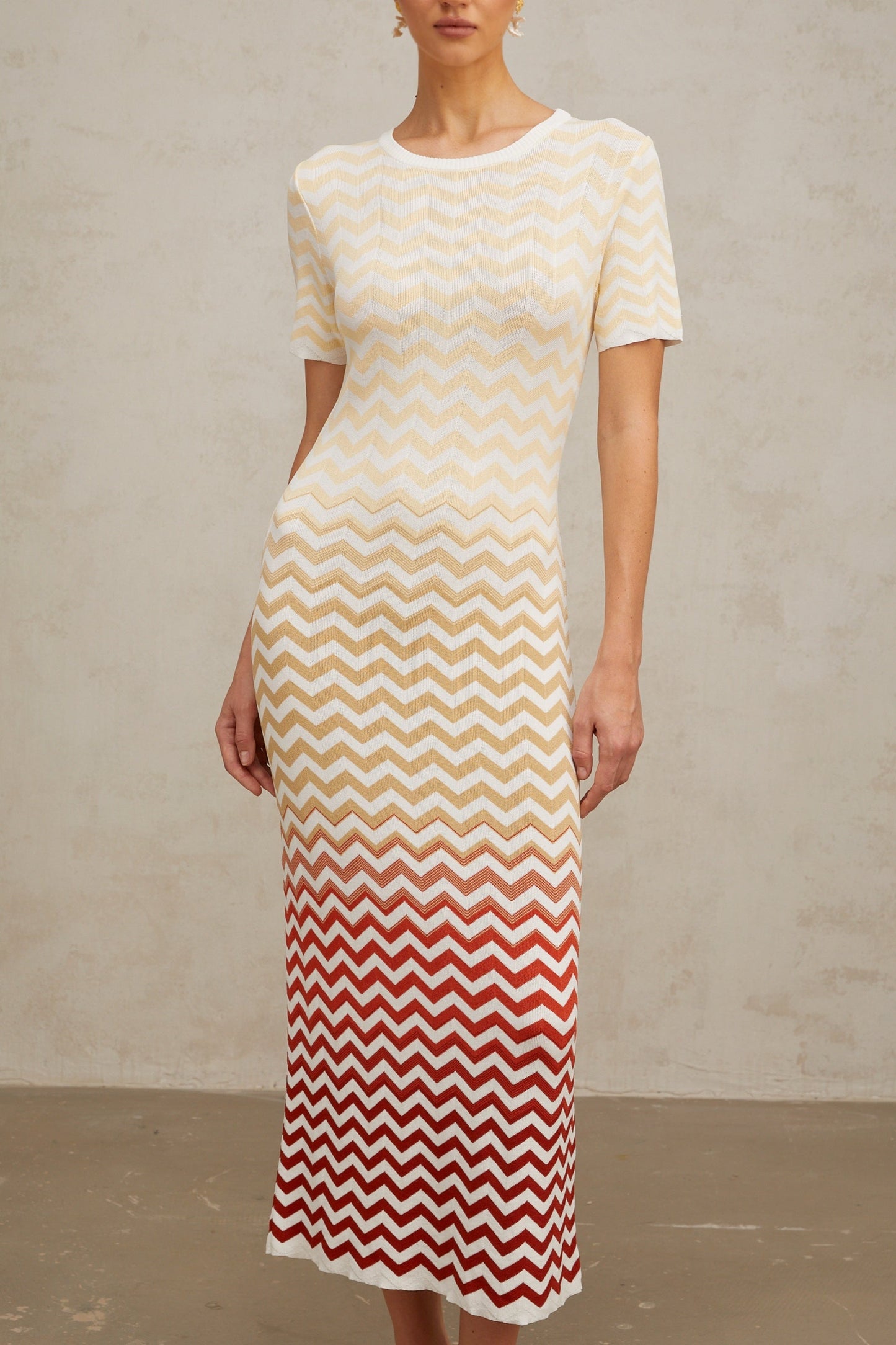 Yellow and Multicolor Zigzag Knitted Midi Dress