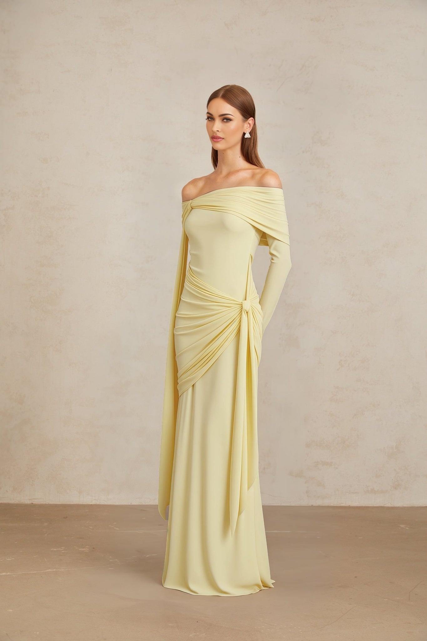 Yellow Off the Shoulder Long Sleeve Maxi Dress with Front Tie Detail