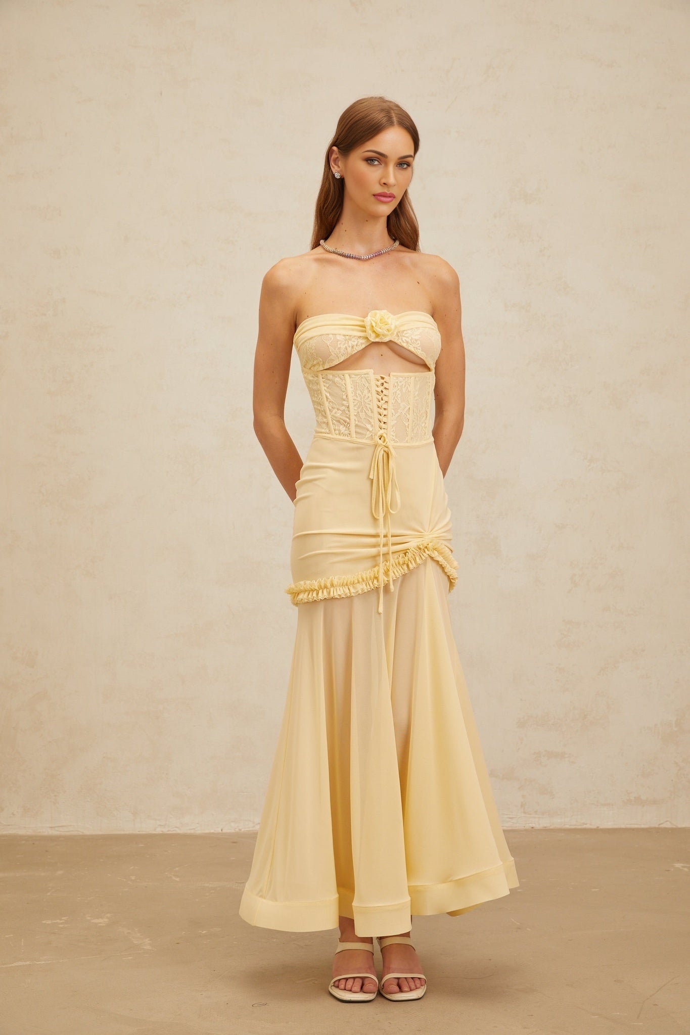 Yellow off the shoulder corset style sleeveless maxi dress with 3D-petal detailing and floral lace panelling