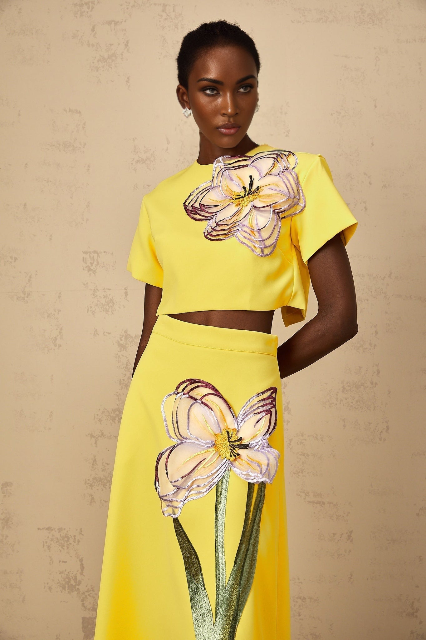 Yellow sequin matching set with floral embroidery for women featuring a top and bottom