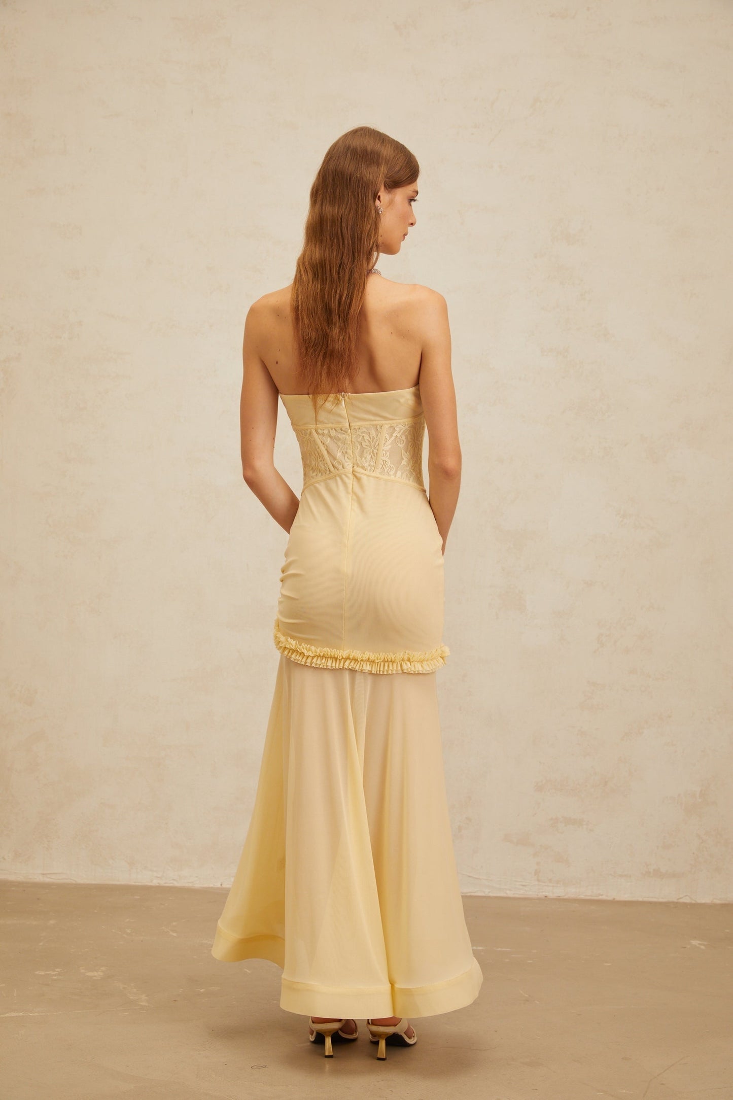 Yellow Sleeveless Off the Shoulder Corset Style Maxi Dress with 3D-Petal Detailing and Lace-Up Detailing