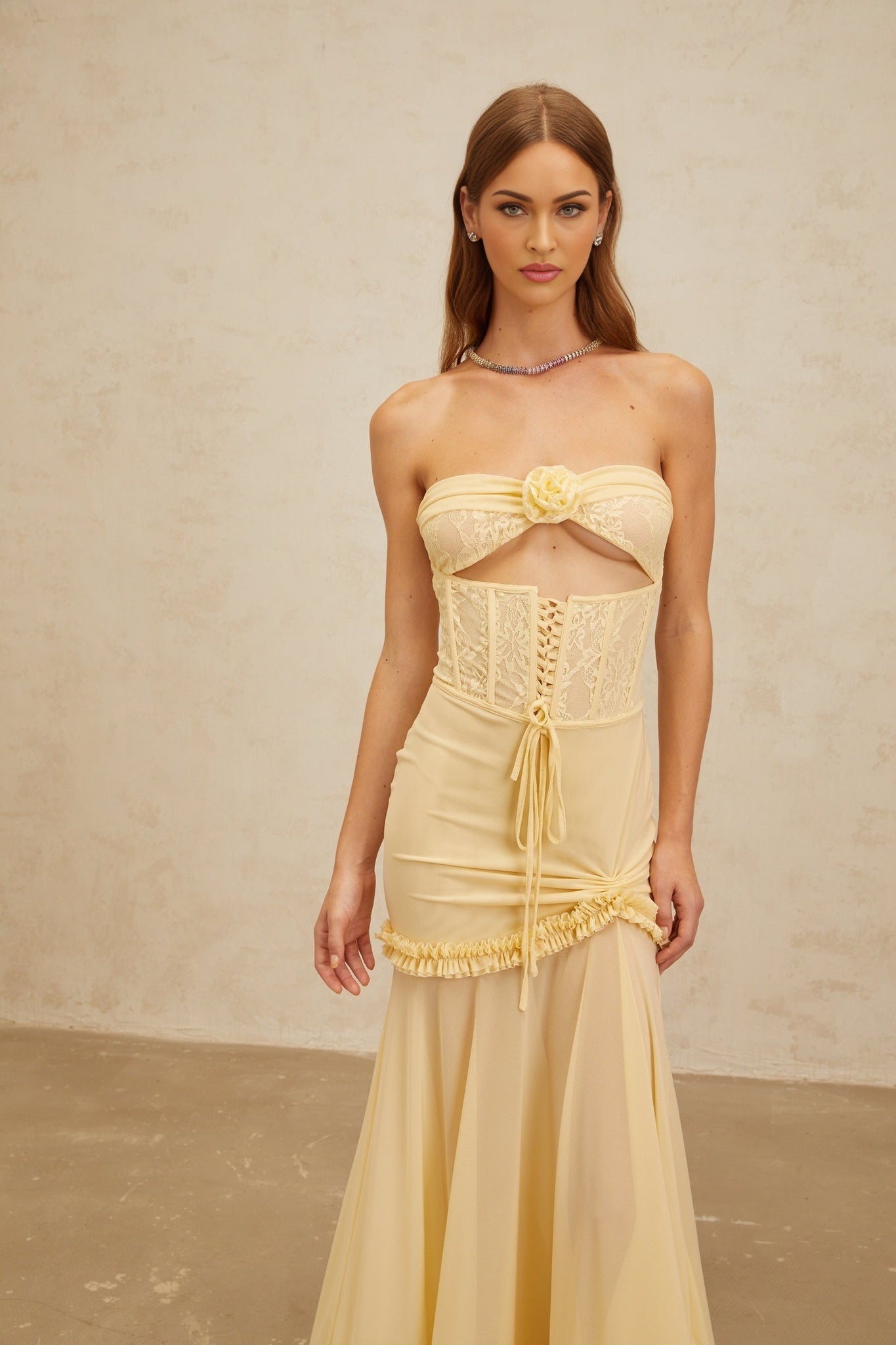 Yellow Sleeveless Off the Shoulder Corset Style Cut-Out Design 3D-Petal Detailing Floral Lace Panelling Ruffled Trim Lace-Up Detailing Rear Zip Fastening Mermaid Hem Maxi Length Dress
