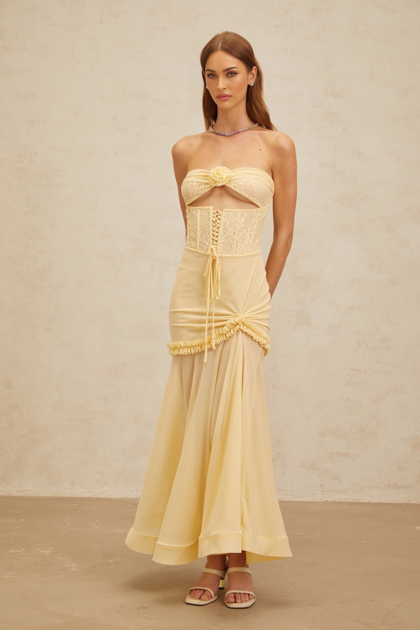 Yellow Sleeveless Off the Shoulder Corset Style Dress with 3D-Petal Detailing and Floral Lace Panelling