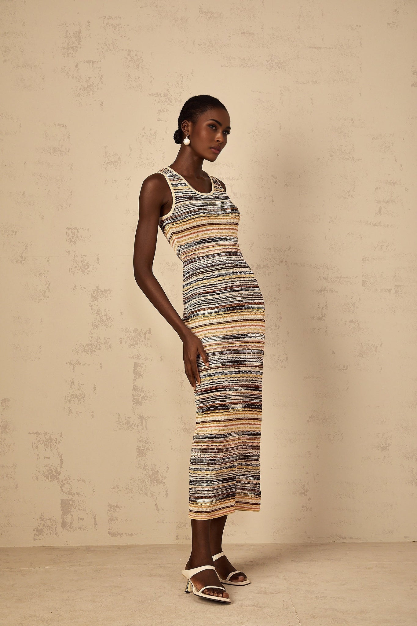 Yellow striped crochet knit midi dress with short sleeves named Quentin