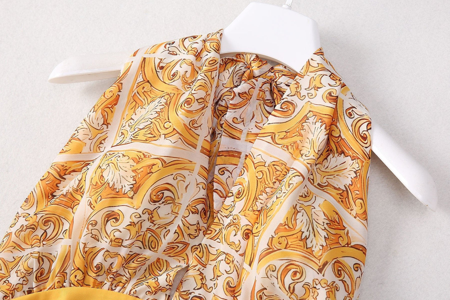 Yellow and White Baroque Pattern Halter Neck Dress