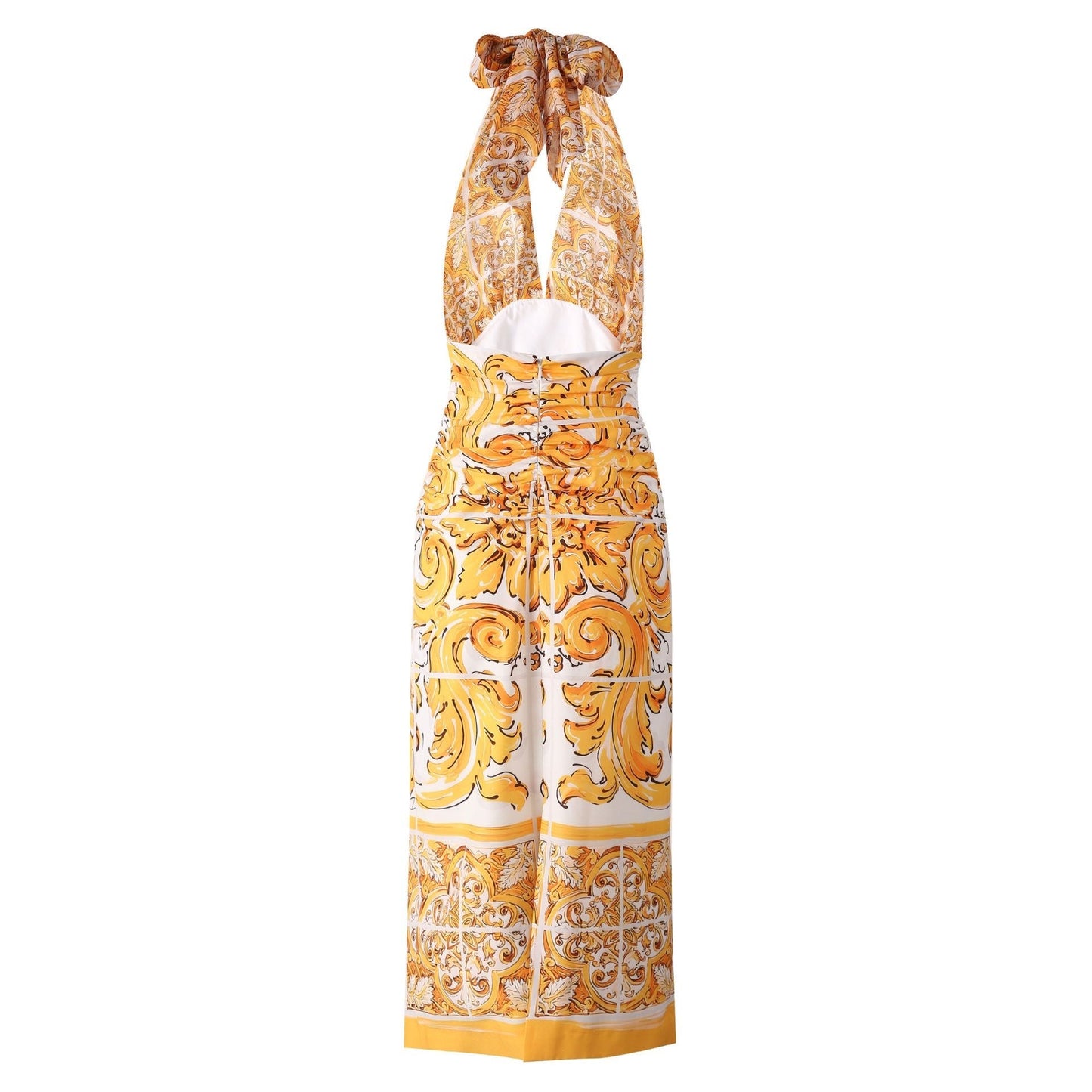Yellow and White Baroque Pattern Halter Neck Dress