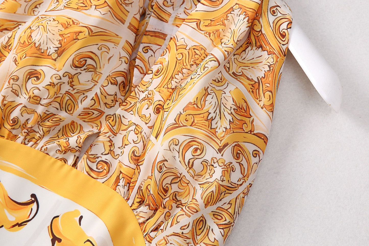 Yellow and White Baroque Pattern Halter Neck Dress