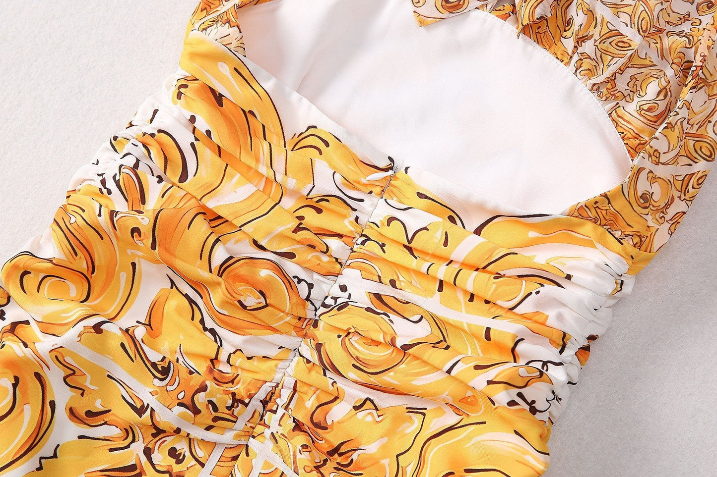 Yellow and White Baroque Pattern Halter Neck Dress