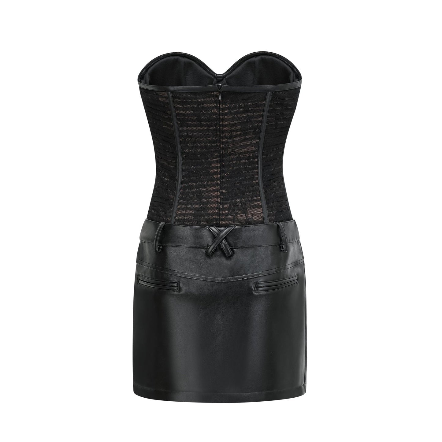Black bustier dress with mesh detailing fauxleather finish and an asymmetric design zip fastening and belt loops 75% Polyester 20% Cotton 5% Spandex