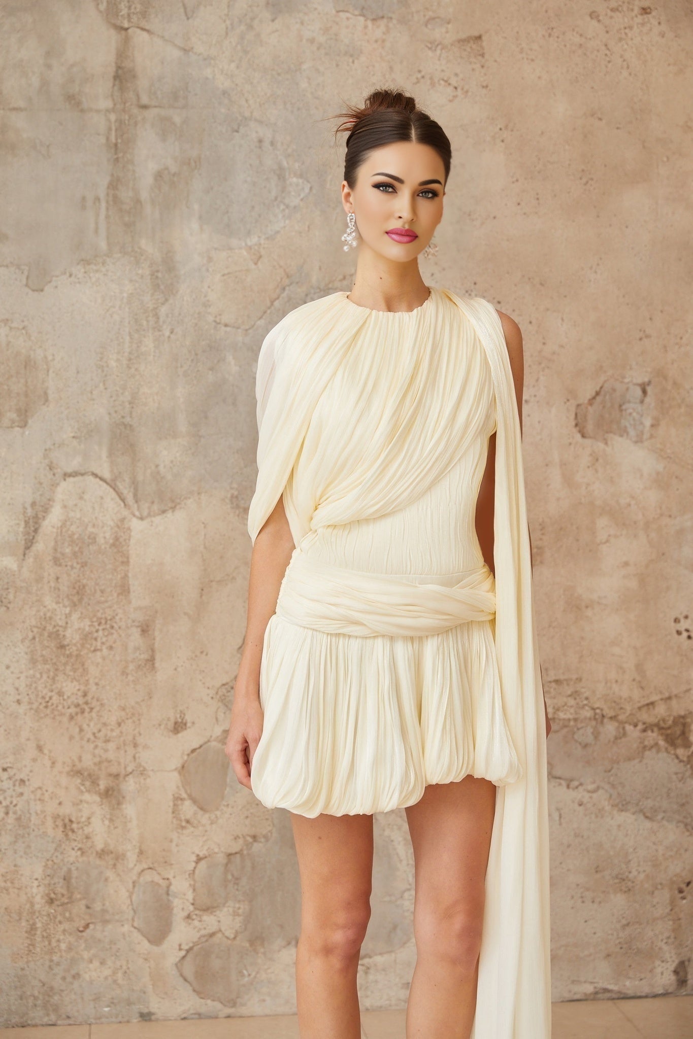 Young woman wearing a short pleated mini dress with ribbon design accent walking on a city street