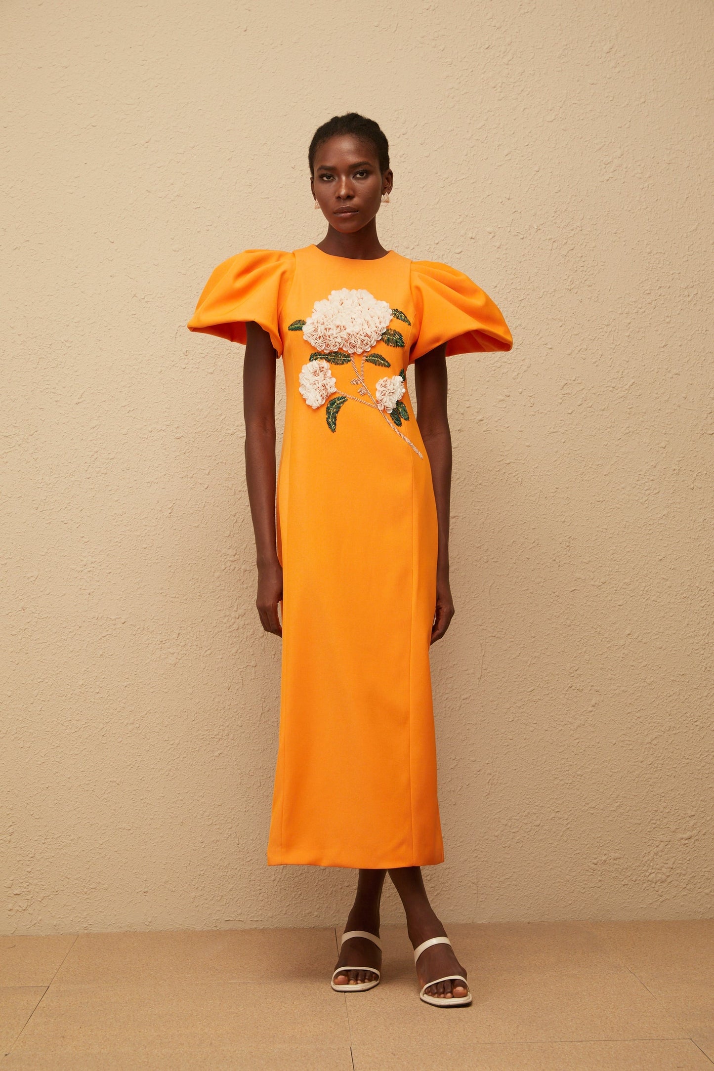 Yrjö Orange Floral Embroidered Midi Dress