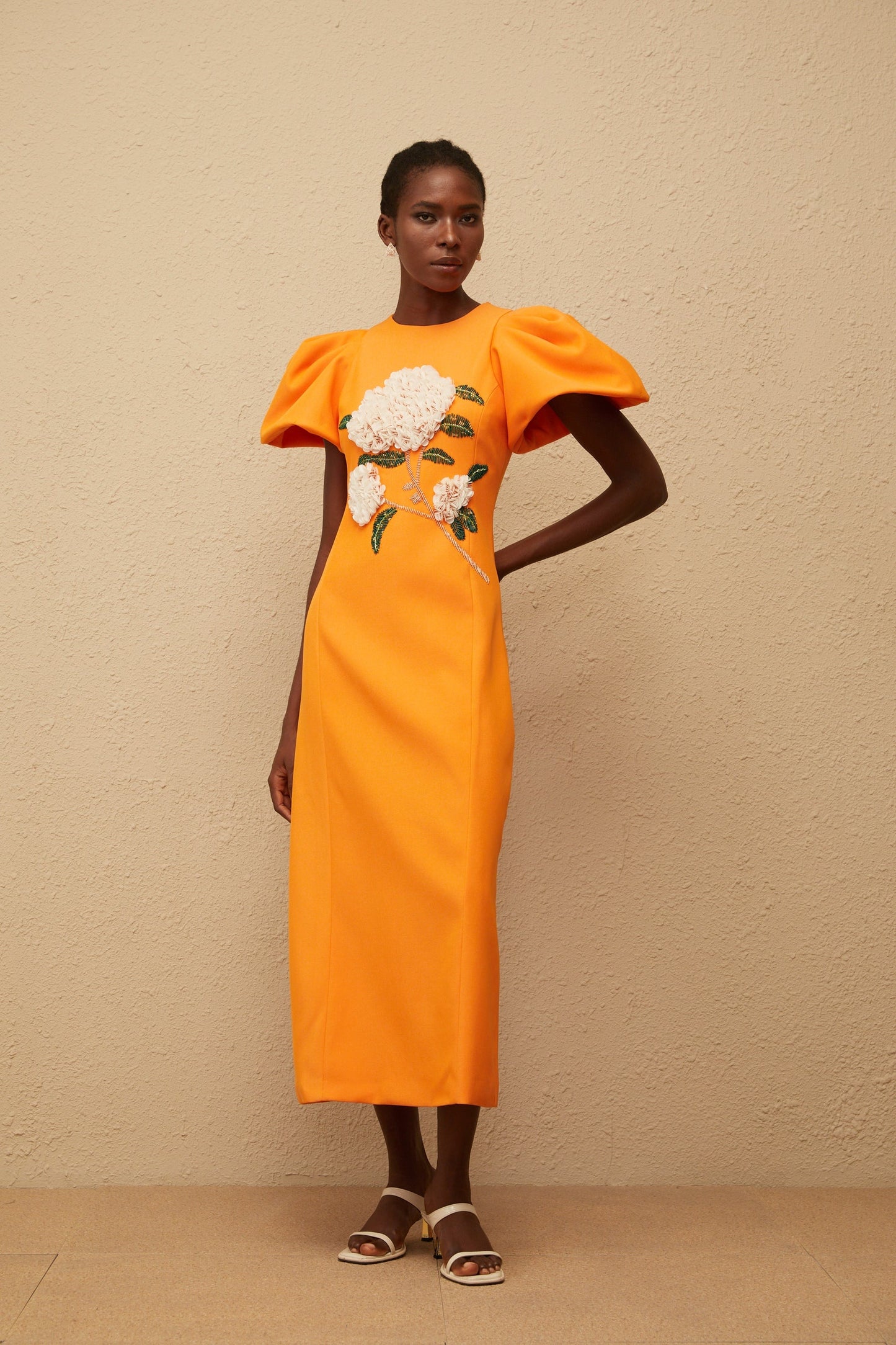 Yrjö Orange Floral Embroidered Midi Dress