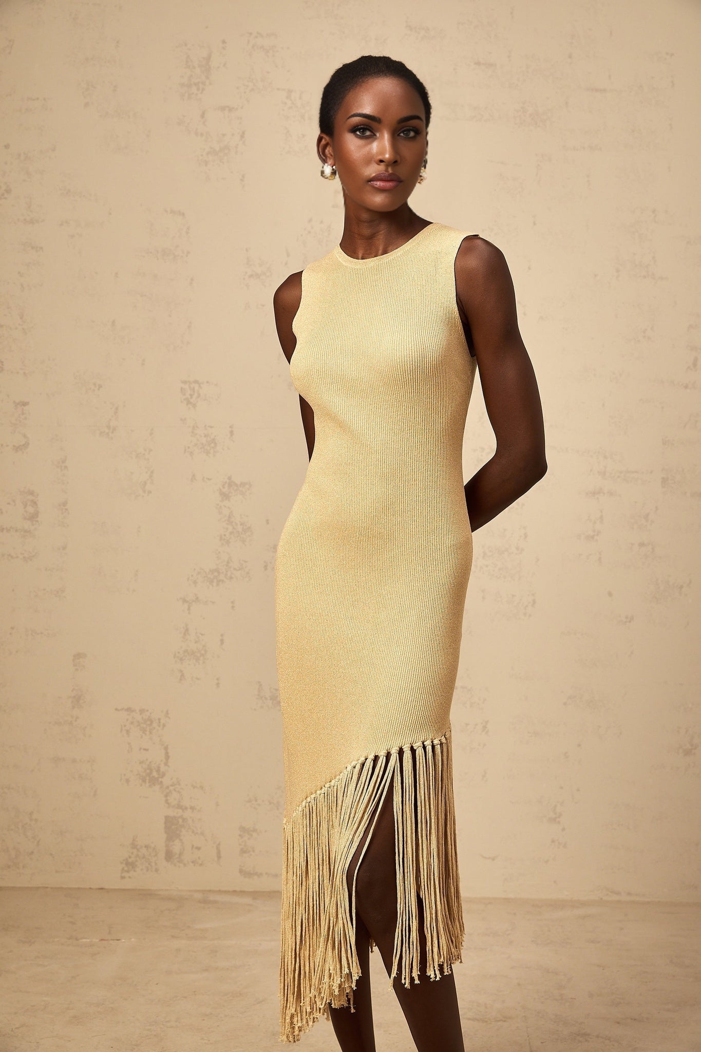 Yseult neutrals asymmetricalfringe knitted midi dress