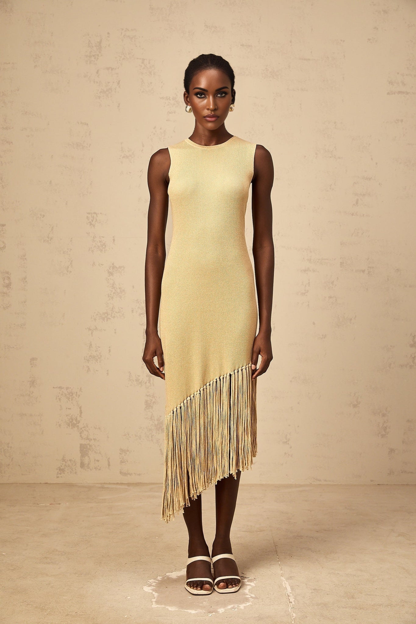 Yseult neutrals asymmetricalfringe knitted midi dress