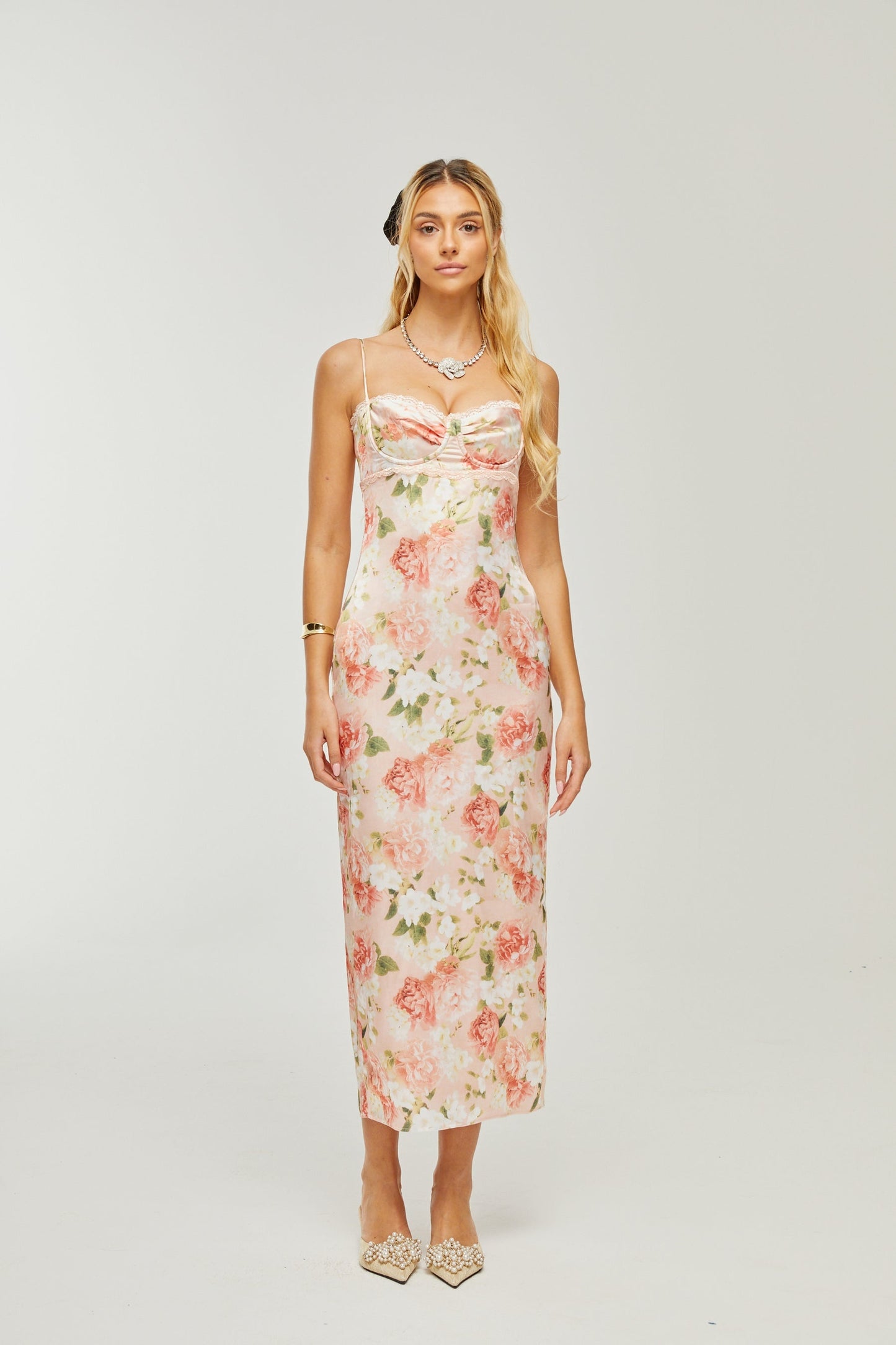 Yvette pink floralprint satin maxi dress