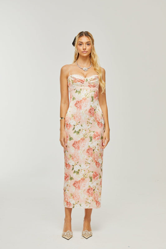 Yvette pink floralprint satin maxi dress