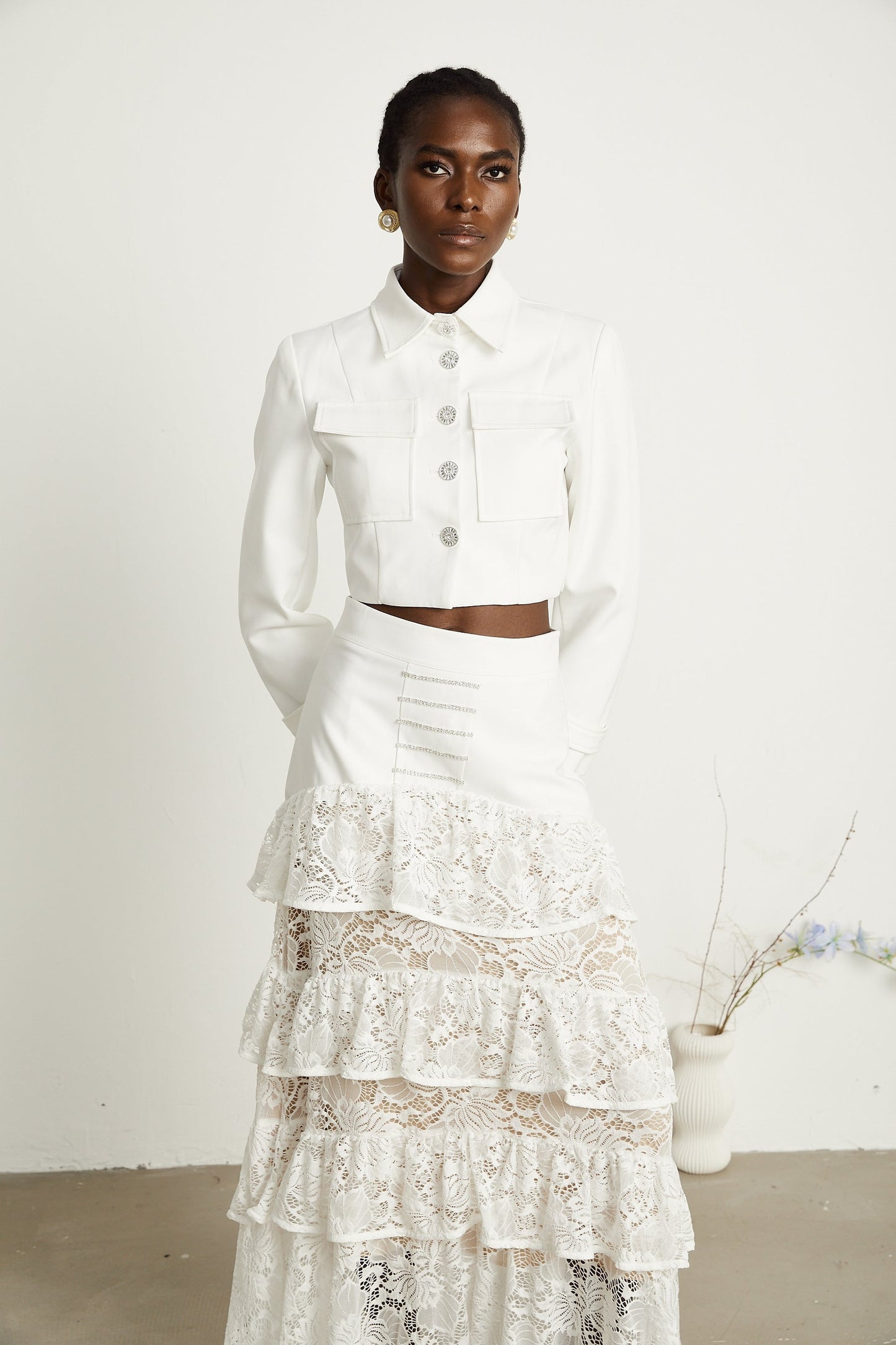 Zélie white lacepanel jacket skirt matching set