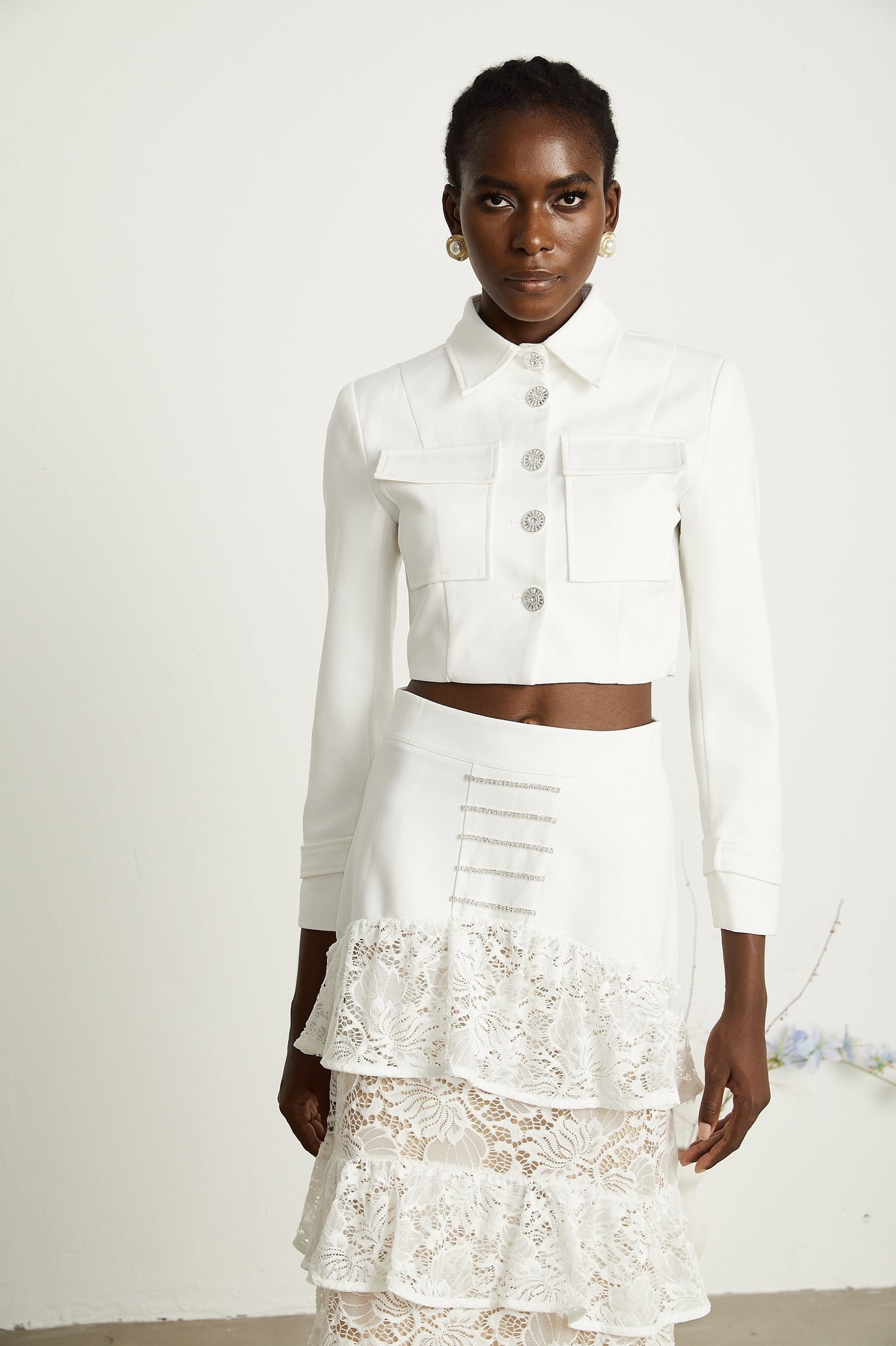 Zélie white lacepanel jacket skirt matching set