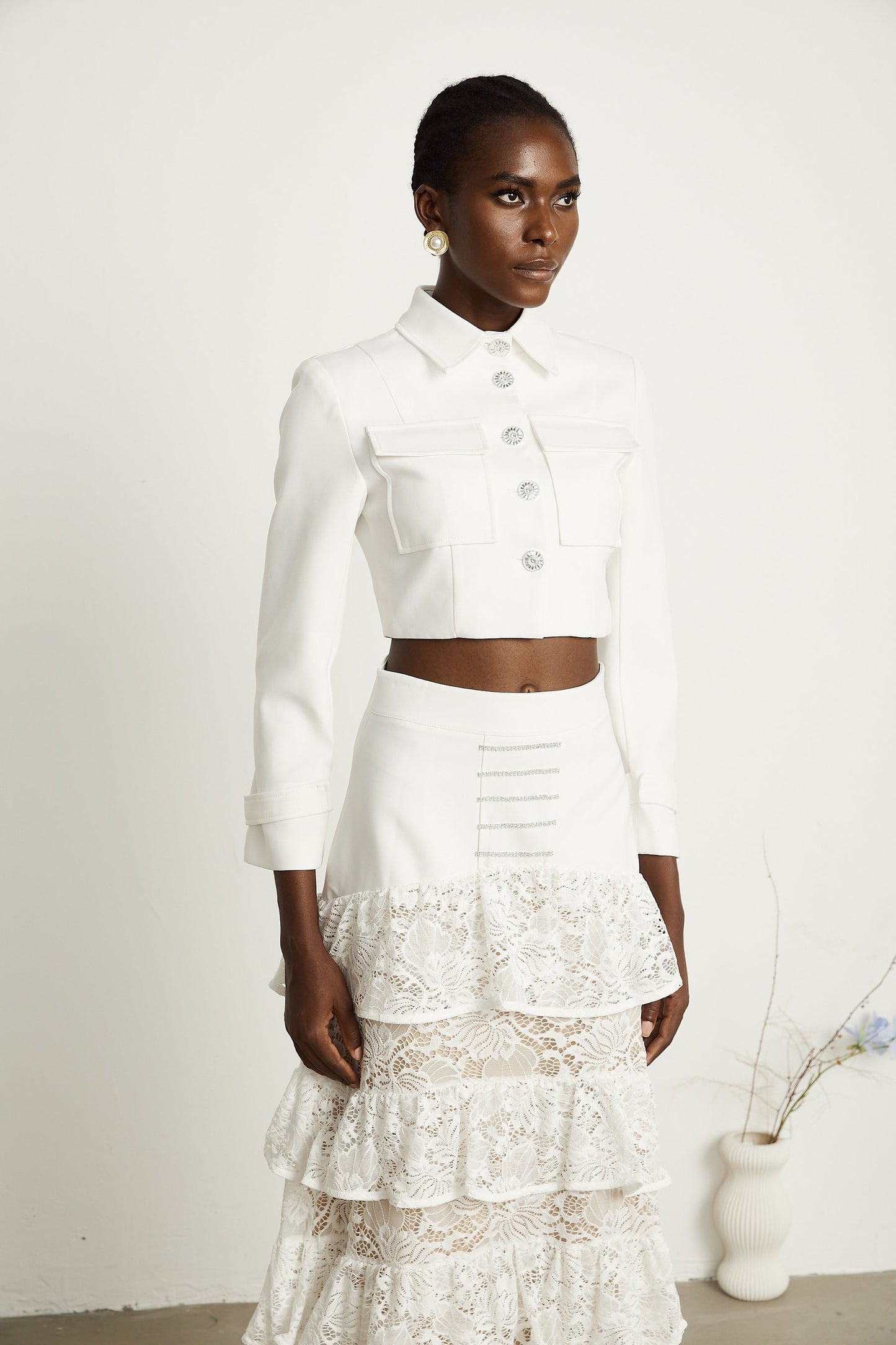 Zélie white lacepanel jacket skirt matching set