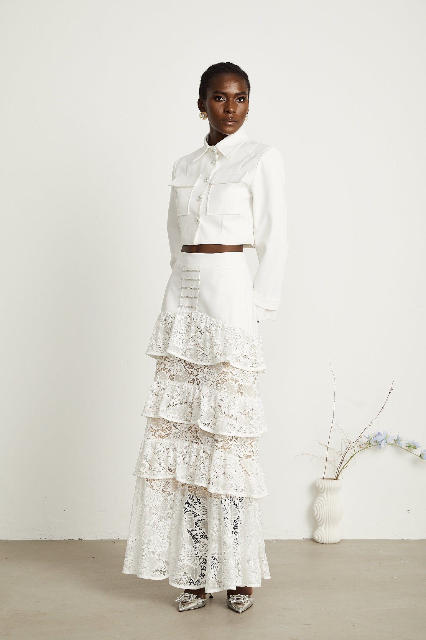 Zélie white lacepanel jacket skirt matching set