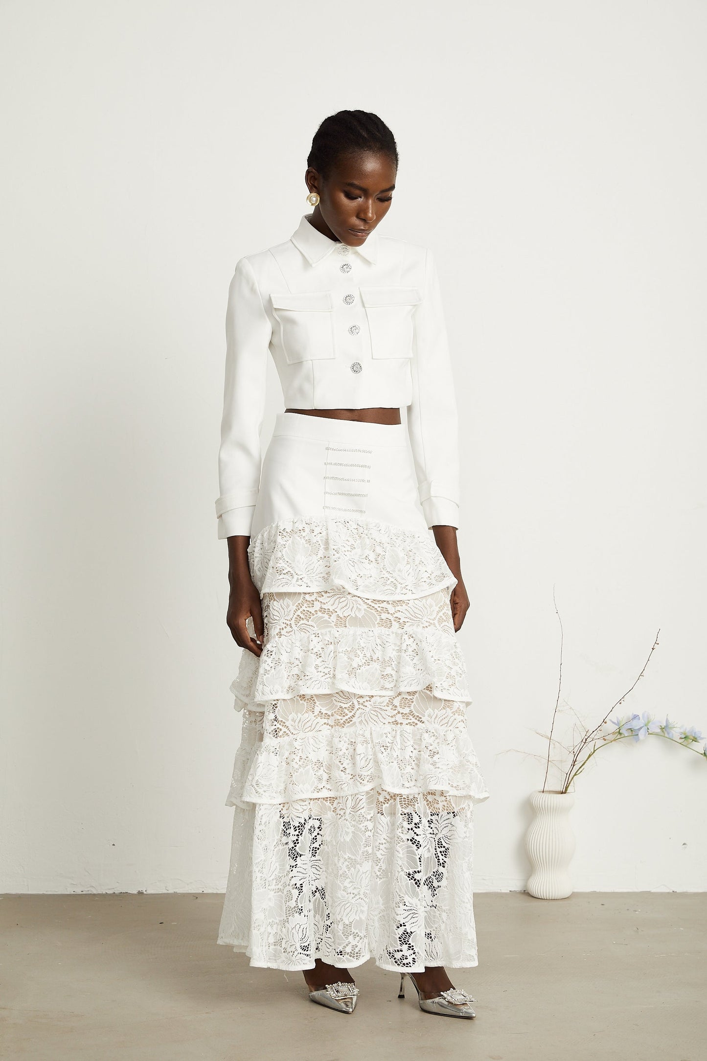 Zélie white lacepanel jacket skirt matching set