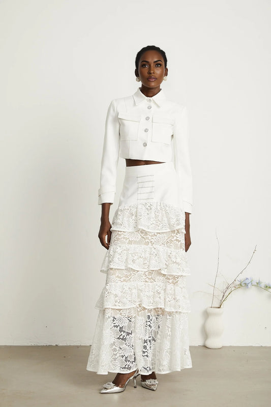 Zélie white lacepanel jacket  skirt matching set