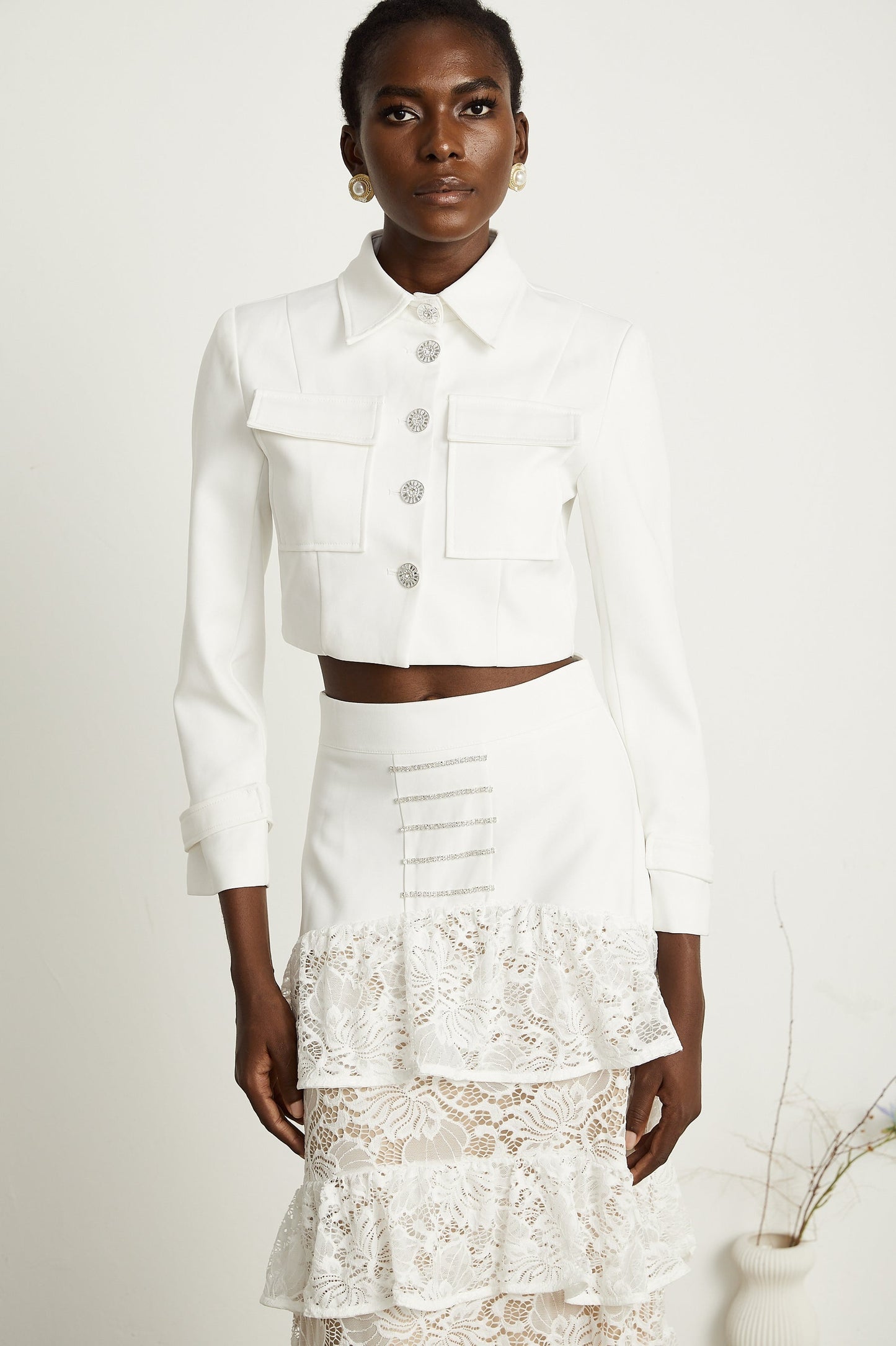 Zélie white lacepanel jacket skirt matching set