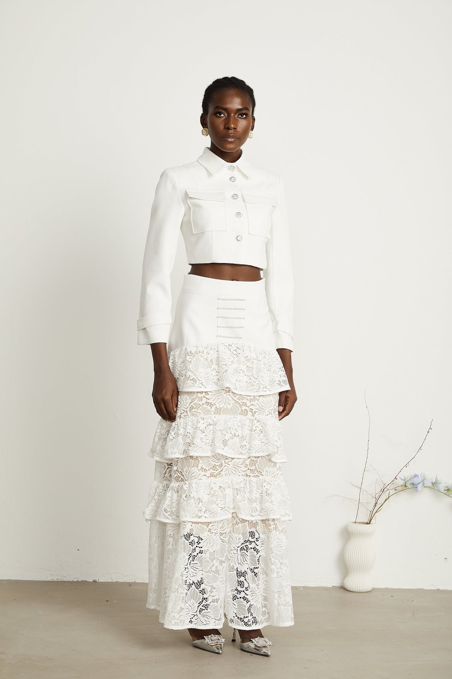 Zélie white lacepanel jacket skirt matching set