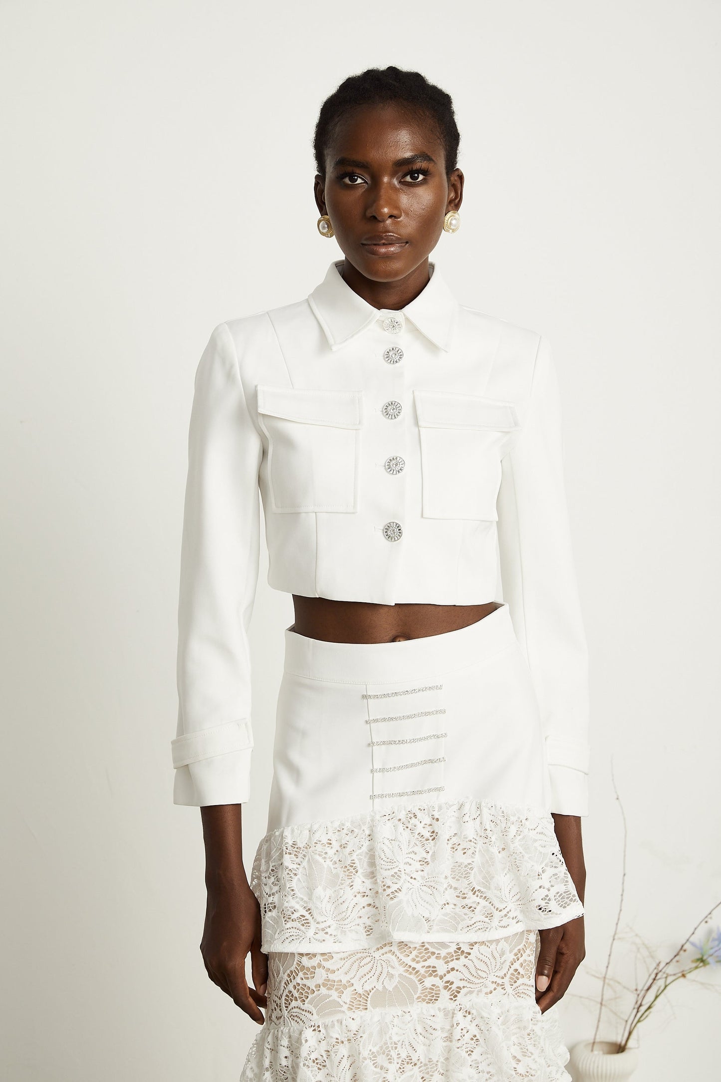 Zélie white lacepanel jacket skirt matching set
