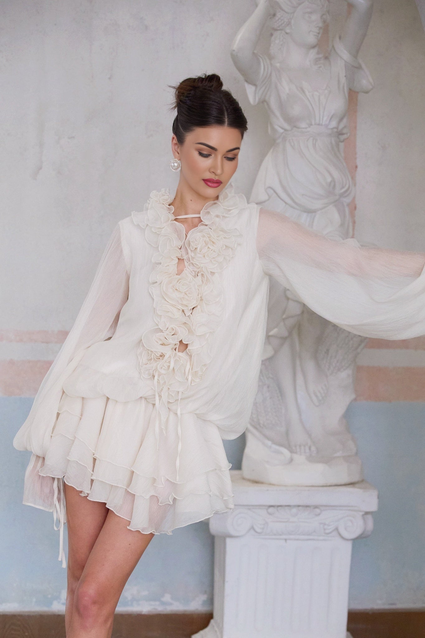 Zephyrine mini dress with tiered skirt and floral applique details in neutral tones