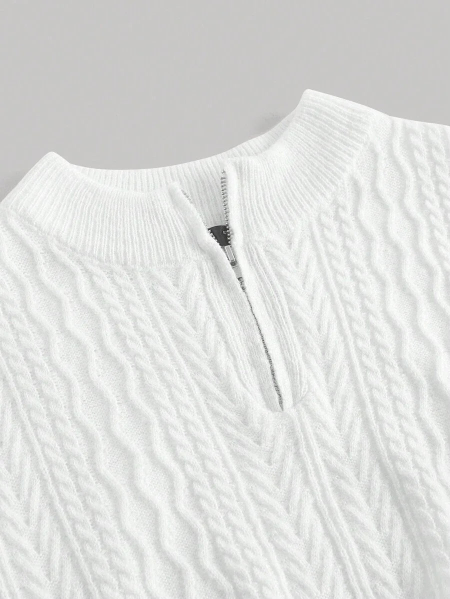 Zip Half Placket Cable Knit Top