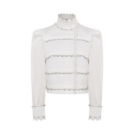 Sophia lace-embellished blouse with a high neckline, intricate lace detailing, puffed sleeves, and tailored fit, crafted from cotton, nylon, and spandex.