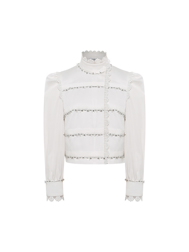 Sophia lace-embellished blouse with a high neckline, intricate lace detailing, puffed sleeves, and tailored fit, crafted from cotton, nylon, and spandex.