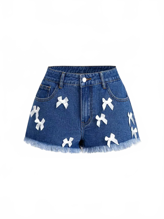 Layla Denim Shorts Women Bow Detail High Waist in Blue