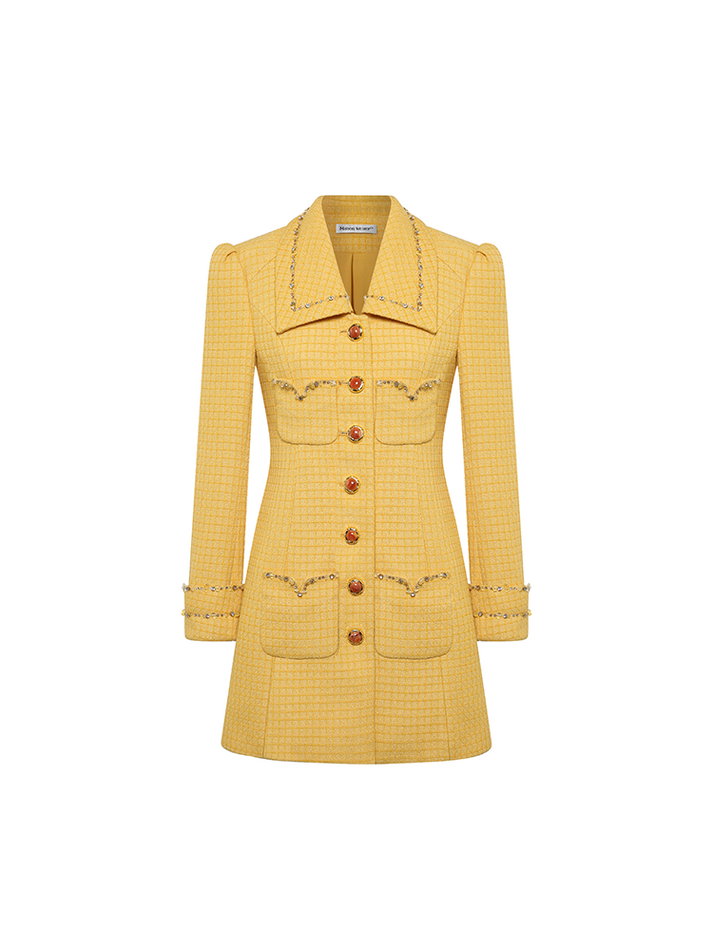Sophia embellished tweed coat in vibrant yellow with crystal lapels, gemstone buttons, and a fitted mid-thigh silhouette, crafted from 100% polyester.